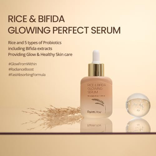 Farmstay Rice And Bifida Glowing Serum Dark Spot Remover Correcting For Face With Niacinamide For Women And Men Korean Skin Care 1.18 Fl. Oz.