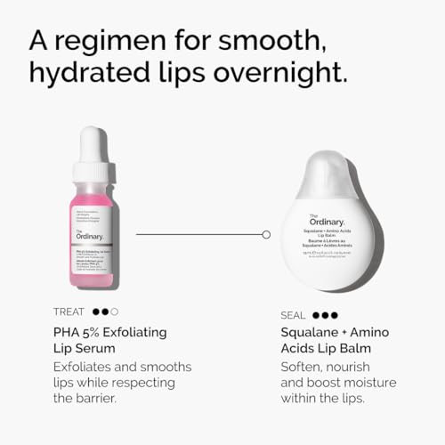 The Ordinary Lip Care Duo Skin Care Bundle Set Pha 5% Exfoliating Lip Serum plus Squalane And Amino Acids Lip Balm 0.5 Fl Oz