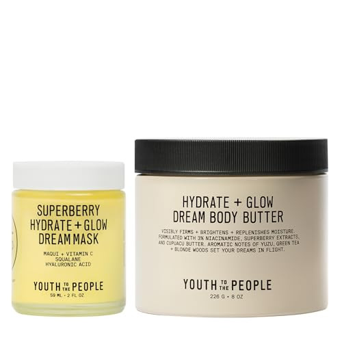 Youth To The People Radiant Skin Face plus Body Moisturizer Duo Vegan Skincare Bundle Set For All Day Glow Superberry Hydrate plus Glow Overnight Face Mask plus Dream Scented Body Butter 2Oz 8Oz