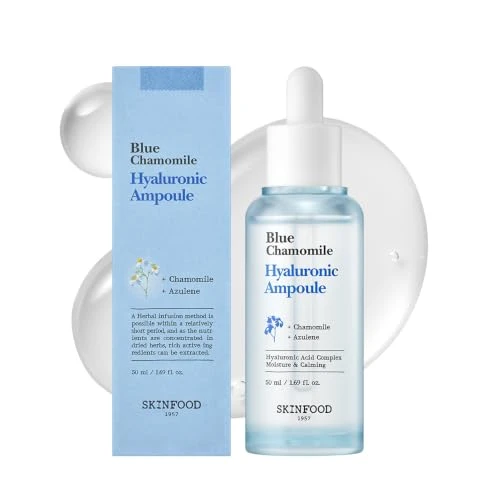 Skinfood 1957 Skinfood Blue Chamomile Hyaluronic Ampoule Korean Skincare Facial Serum For Soothing And Hydrating Skin Hyaluronic Acid Chamomile Flower Water Calming Moisture Boost 50Ml 1.69 Fl.Oz.