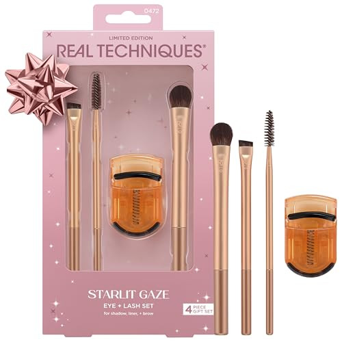 Real Techniques Starlit Gaze Eye plus Lash 4 Piece Holiday Set Eye Makeup Brush Set For Eyeshadow And Brow Products Mini Eyelash Curler For Travel Stocking Stuffer Limited Edition Crueltyfree