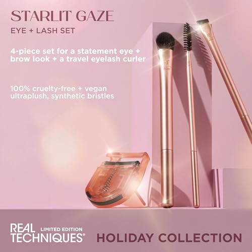 Real Techniques Starlit Gaze Eye plus Lash 4 Piece Holiday Set Eye Makeup Brush Set For Eyeshadow And Brow Products Mini Eyelash Curler For Travel Stocking Stuffer Limited Edition Crueltyfree