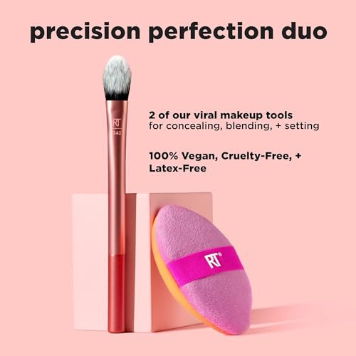 Real Techniques Precision Perfection Duo Viral Kitten Paw Concealer Brush And Dualsided Powder Puff For Powder And Foundation Travel Friendly Makeup Brush Set Crueltyfree 2 Piece Set
