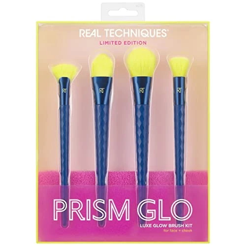 Real Techniques Prism Glo Collection Luxe Glow Brush Kit Face Brush Set Includes Towel
