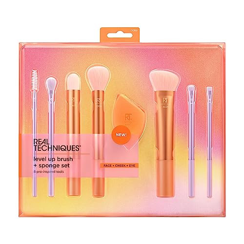Real Techniques 8 Piece Level Up Brush And Set Makeup Brushes For Eyeshadow Foundation Blush And Bronzer Makeup Blending Synthetic Bristles Stocking Stuffer Crueltyfree