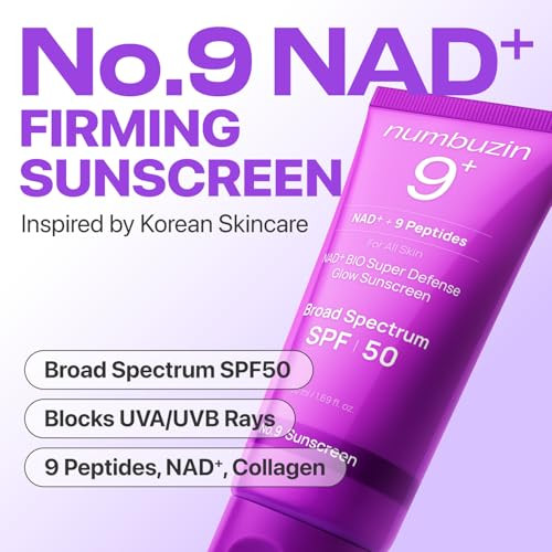 Numbuzin No.9 Nad Sunscreen Spf 50 Antiaging Korean Sunscreen 9 Peptides And Collagen For Firmerlooking Skin Dewy Finish No White Cast Suitable For All Skin Types 1.69 Fl Oz