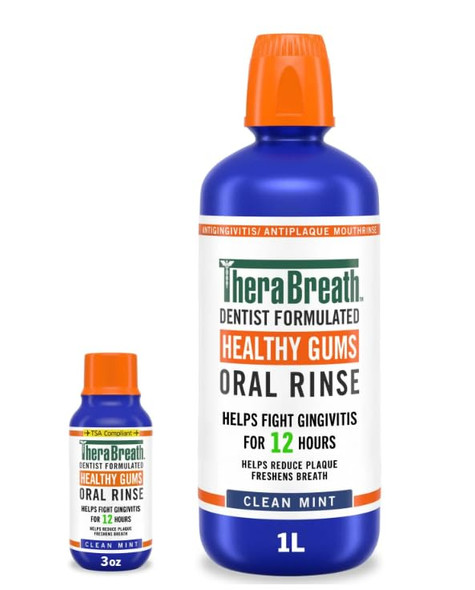 Therabreath Healthy Gums Mouthwash Clean Mint Antigingivitis plus Travel 1 Liter 33.8 Fl Oz 3 Fl Oz