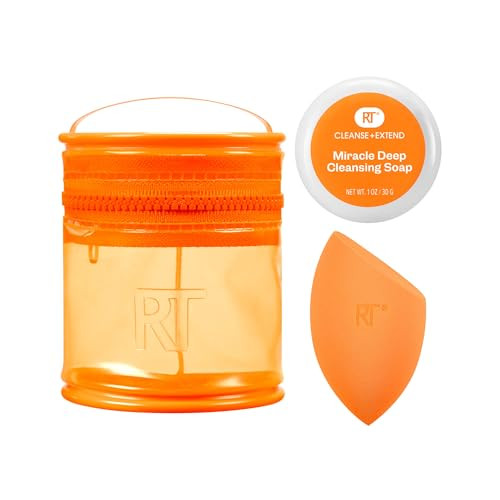 Real Techniques Miracle Blend plus Cleanse 3 Piece Set Makeup For Blending Foundation And Solid Soap For Deep Cleanings Includes Travel Storage Tote Crueltyfree And Latexfree