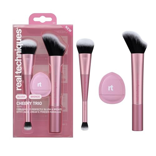 Real Techniques 3 Piece Cheeky Trio Makeup Brush Set Blush And Bronzer Brush Set Cream And Liquid Blush Brush Bronzing Brush And Blurring Blush Puff Vegan And Crueltyfree