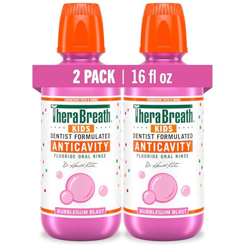 Therabreath Kids Anticavity Fluoride Oral Rinse Strengthens Teeth And Enamel Alcohol And Dye Organic Bubblegum Blast Flavor 16 Fl Oz 2Pack