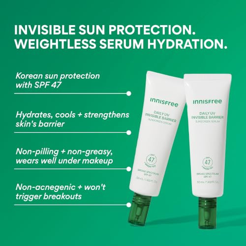 Innisfree Daily Uv Invisible Barrier Sunscreen Serum Broad Spectrum Spf 47 With Green Tealightweight And Hydrating Korean Sunscreen For Facesuitable For Sensitive Skin And All Skin Types