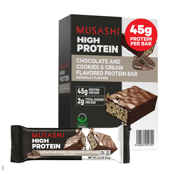 MUSASHI High Protein Bar 45g Protein 2g Total Sugars Post Workout and Protein Snack On The Go 3.2oz (90g) Bars Low Sugar High Protein Snack 12 pack