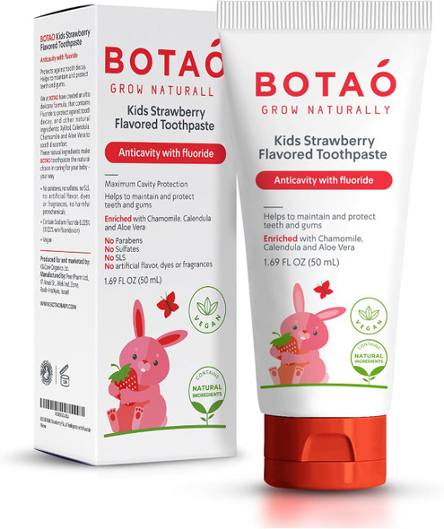 Botao Kids Natural Strawberry Flavored Anticavity Fluoride Toothpaste Maximum Cavity Protection Cleans Children’s Teeth Protects Gums Chamomile Aloe Vera Calendula Xylitol for Ages  and Up