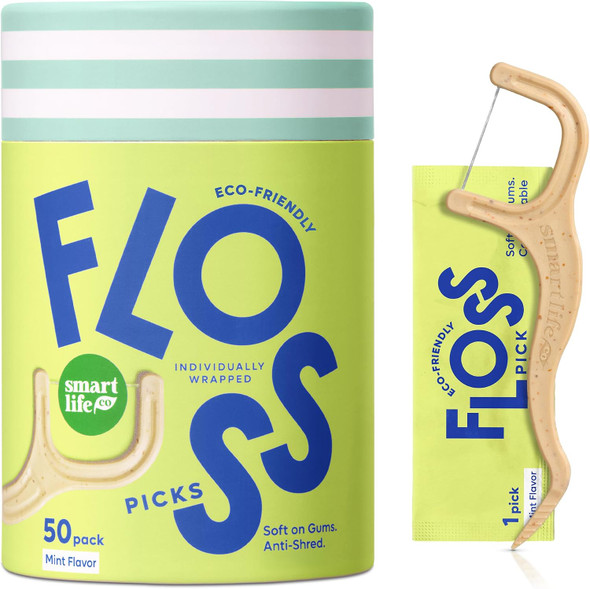 SmartLifeco Individually Wrapped Dental Floss Picks  - Eco-Friendly Flosser Handle Made with Straw Wheat Blend  Great for Travel  PFA Free  Toothpick Stick End  Bamboo Charcoal Thread Whitens Teeth