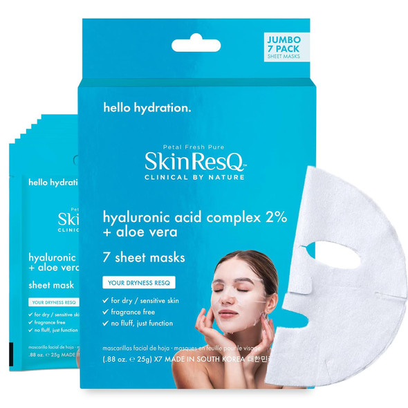 Petal Fresh Skin ResQ Sheet Mask with Hyaluronic Acid Complex 2% + Aloe Vera JUMBO 7 Pack Hydrating Korean Face Mask for Dry and  Sensitive Skin Soothing Fragrance Free Vegan