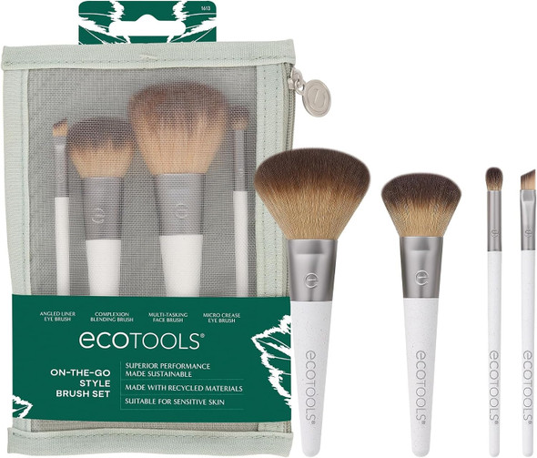 Taklon EcoTools On The Go Makeup Brush Kit  Travel Makeup Brush Set  Easy touch ups anywhere with travel makeup brushes for face and eyes mini makeup brushes with synthetic hair plus brush bag