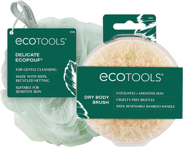 EcoTools Dry Body Brush   Delicate EcoPouf Exfoliating Loofah Set  Pre Shower Body Brush for Circulation and Cellulite  Recycled Pouf for Sensitive Skin Vegan  Self Care Gifts for Women