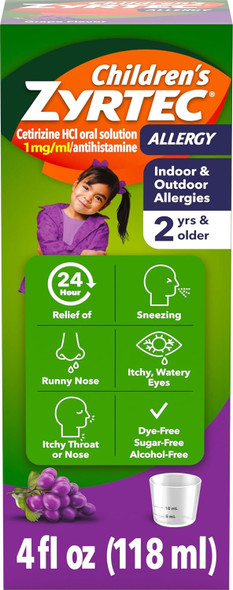 Children's Zyrtec Allergy Relief Syrup 5 mg Cetirizine HCl, 4 fl. oz 24-Hour Antihistamine Kids Allergy Medicine Indoor and Outdoor Allergy Relief  Dye- and Sugar-Free, Grape Flavor