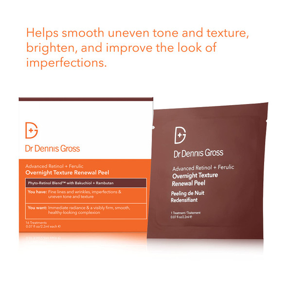Dr Dennis Gross Advanced Retinol + Ferulic Overnight Texture Renewal Peel: Smooth Uneven Tone & Texture, Brighten, and Improve the Look of Imperfections, 16 Packettes