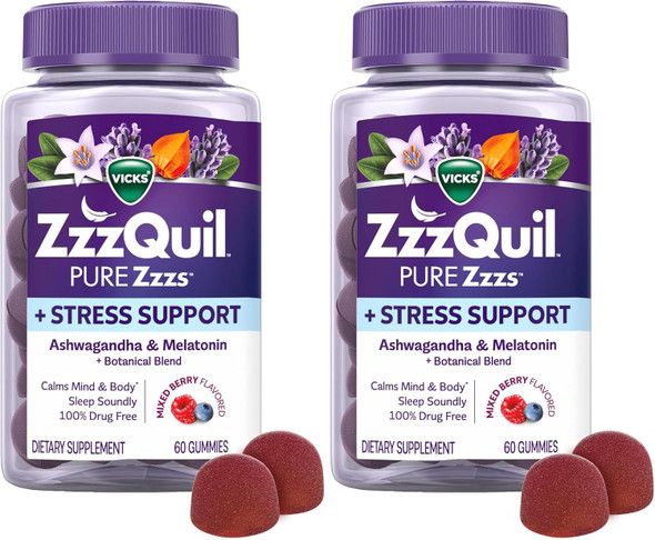 ZzzQuil Pure Zzzs De-Stress  Melatonin Gummies,Sleep Aids for Adults,Ashwagandha for Stress Support Gummies