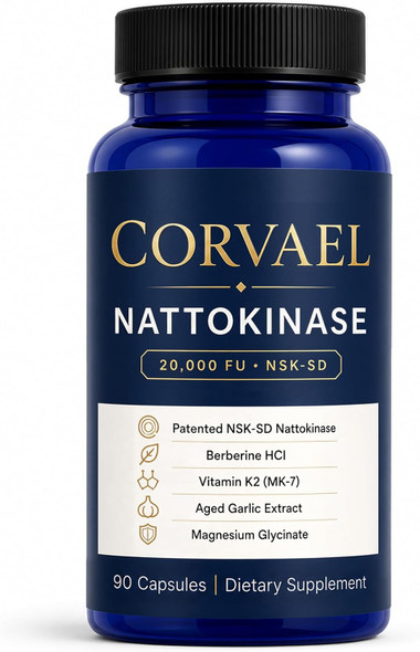 Corvael Nattokinase 20,000 FU Capsules with Nattokinase, Berberine HCl, Vitamin K2 & Aged Garlic Extract, Daily Wellness Supplement, 90 Capsules