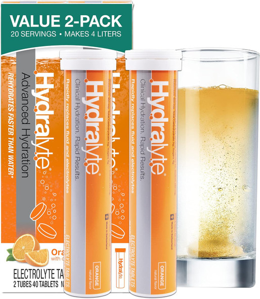 Hydralyte Electrolyte Tablets  40 Orange Electrolytes  Airplane Travel Essential for Rapid Rehydration  Hydration Tablets  Instant Dissolve Electrolytes 20 Servings 2 Tablets Per Serve