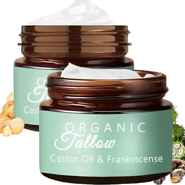 Organic Whipped Tallow Cream Balm with Castor Oil & Frankincense Oil, 2 Pack Grass Fed Whipped Obviously Beef Tallow Cream for Natural Skincare & Moisturizing, Moisturizer for Skin/Face (2)