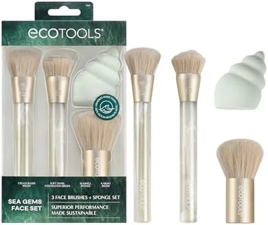 EcoTools Sea Gems Face Makeup Brush and Sponge 4 Piece Set  Blend an even base with a makeup brush set with beauty sponge foundation brush blush brush and kabuki brush