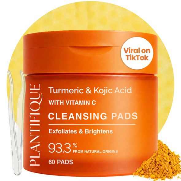 PLANTIFIQUE Kojic Acid & Turmeric Cleansing Pads for Dark Spots, Lab Tested | Exfoliating Toner Pads with Ceramides, Niacinamide & Vitamin C for Hyperpigmentation & Uneven Skin Tone, 60 Pcs