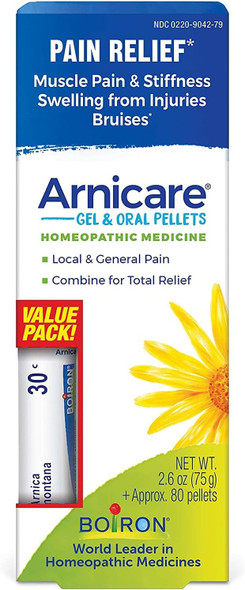 Boiron Arnicare Gel and Arnica 30c Value Pack for Pain Relief Muscle Soreness and Swelling from Bruising or Injury 2.6 oz + 80 Pellet Tube