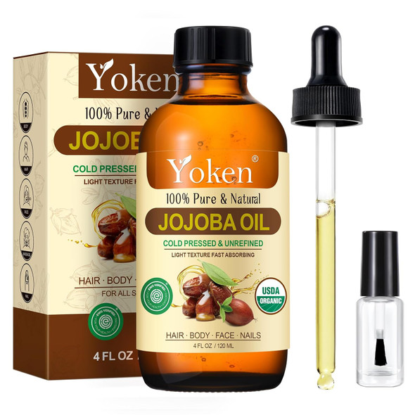 Yoken Organic Jojoba Oil with dropper  Pure for Nails Face and Skin Care  Pure Natural Cold Pressed Facial Moisturizer Multi-purpose Base Carrier Oil Cuticle Oil Unrefined Hexane Free For Hair