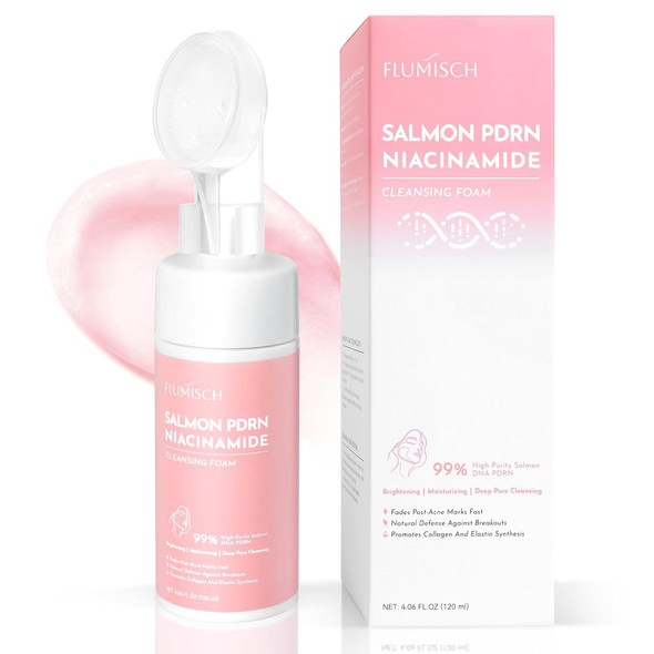 FluMisch Salmon DNA PDRN Facial Cleanser Low pH Hydrating Daily Foaming Face Wash with Soft Massage Heads  PDRN Collagen and LHA Gentle Pore Care and Radiant Balanced Looking Skin  4.23 oz