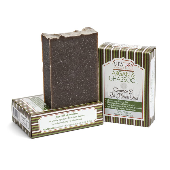 Shea Terra Organics Argan and  Ghassoul Shampoo and  Spa Ritual Soap  All-In One Hair and  Body Bar  All Skin Types