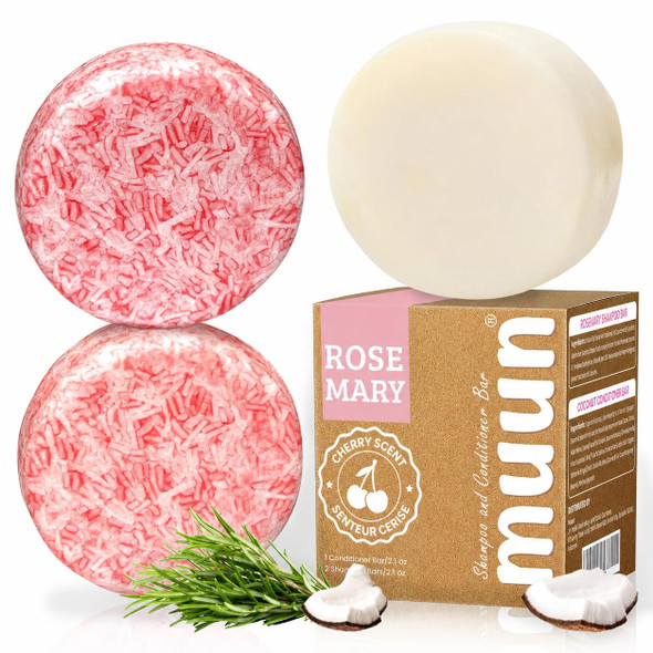 Muun Rosemary Shampoo and Conditioner Bar Set 3 Natural Solid Hair Growth Soap Bars for Women with Straight Curly or Thinning Hair for Anti Hair Loss Regrowth pH Balanced Selfate and Silicone Free