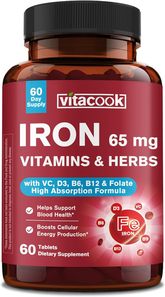Vitacook Iron Supplement 65mg Blood Building and Energy Support  with Vitamin C, D3, B6, B12 and Folate Spinach Broccoli Beet Root Pumpkin Seeds Dandelion and  Carrots