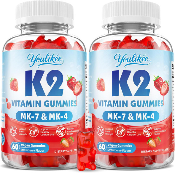 Youlikee  Sugar-Free Vitamin K2 Gummies Dual Formula Vitamin K2 Supplement with MK-7 & MK-4 Supports Bone Health Gluten-Free Sugar-Free Strawberry Flavor