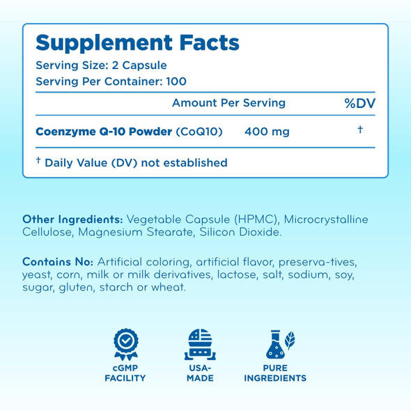 Quick Absorption CoQCapsules - Coenzyme Q10 400mg Potent Antioxidant for Heart Energy and Aging Support - High Stability CoQ10 Ubiquinone Capsules - Made in a cGMP US Lab
