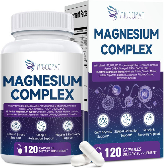 Migcopat Magnesium Complex for Women Men Magnesium Supplement w Magnesium Glycinate Malate,Citrate Ashwagandha and  NAD+ Calm Energy Muscle and Sleep