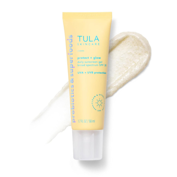 TULA Skin Care Protect PLUS Glow Daily Sunscreen Gel Broad Spectrum SPF 30  Skincare-First Non Greasy Non-Comedogenic and Reef-Safe with Pollution and Blue Light Protection