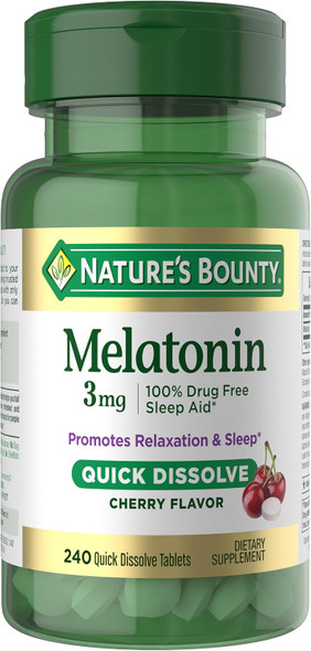 Nature's Bounty Melatonin, Promotes Relaxation and Sleep, 100% Drug Free Sleep Aid, 3 mg, 120 Quick Dissolve Tablets (Pack of 2)