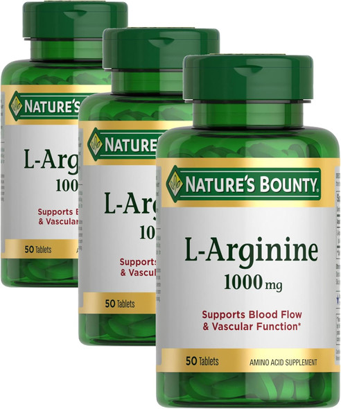 Nature's Bounty L-Arginine 1000mg for Supporting Blood Flow and Vascular Function – Non-GMO, Gluten Free, 50 Tablets (Pack of 3)