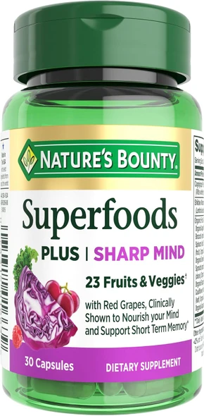 Nature’s Bounty Superfoods Plus Sharp Mind for Brain Health  Memory  Focus, Superfoods With 23 Fruits and Veggies plus Red Grapes - Cognitive Supplement  30 Capsules