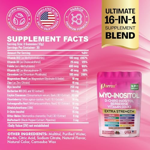 Parrox Myo-Inositol and  D-Chiro Inositol Gummies Berberine Mixed Berry 2 Pack