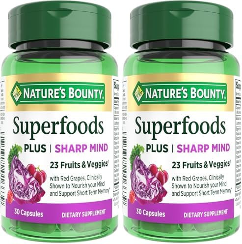 Nature's Bounty Superfoods Plus Sharp Mind for Brain Health, Memory; Focus, Superfoods with 23 Fruits  and Veggies Plus Red Grapes - Cognitive Supplement 30 Capsules (Pack of 2)
