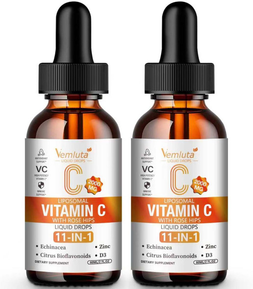 Vemluta Liposomal Vitamin C 2000mg Liquid Drop High Absorption VC Complex Rose Hips with Echinacea Citrus Bioflavonoids Zinc Vitamin D3 for Immune System and Antioxidant