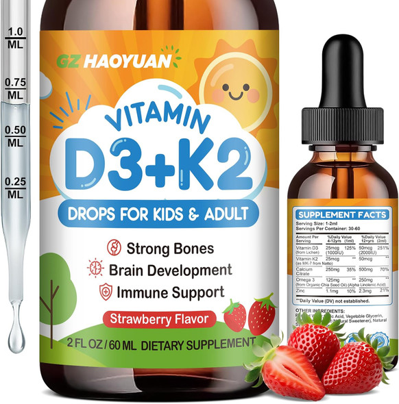 GZ HAOYUAN Vitamin D3 K2 Drops for Kids Liquid Vitamin D3 Supplement with Calcium Omega 3 Zinc for Calcium Absorption Healthy Bones Brain Development and Immune System Non-GMO Vegan Strawberry Flavor