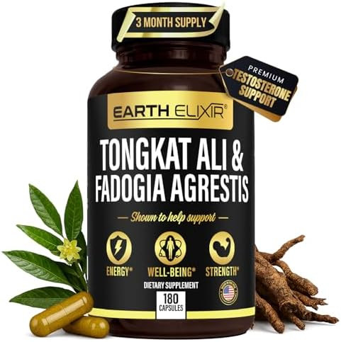 Earth Elixir Fadogia Agrestis and Tongkat Ali for Men and  Woman  Natural Testosterone Supplement for Men - Made in USA and 3rd Party Tested – Strength Energy and Vitality - Longjack – 3 Month Supply