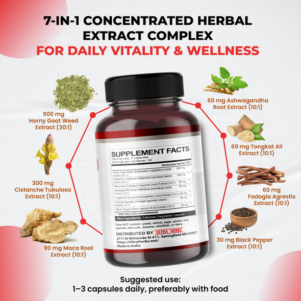 Ultra Horny Goat Weed Tongkat Ali Maca Root Tribulus 1500MG Increase Energy Stamina and Performance with Fadogia Ashwagandha Ginseng L Arginine 90 Capsules
