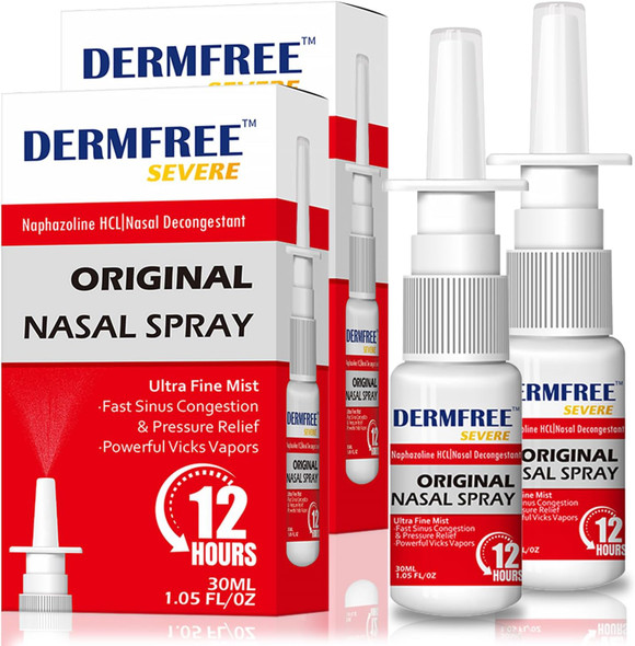 DERMFREE Nasal Spray Decongestant, 12 Hour Over-The-Counter Medication Nose Spray for Sinus Relief, Nasal Decongestants for Adults & Children 6+ Sinus Congestion, Cooling Menthol, 1.05 Fl Oz