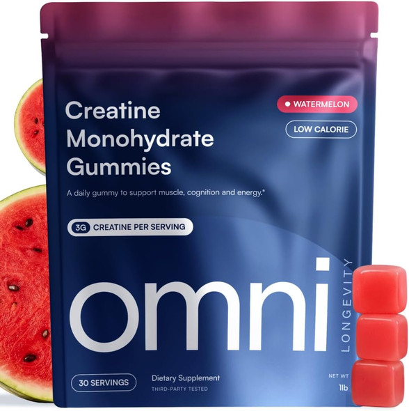 OMNI Creatine Creatine Monohydrate Gummies for Women and Men - Supports Muscle Growth Recovery and Brain Function - Convenient and Easy to Take - Great Tasting Peach Flavor - 1g per Gummy Low Sugar - 90 Count